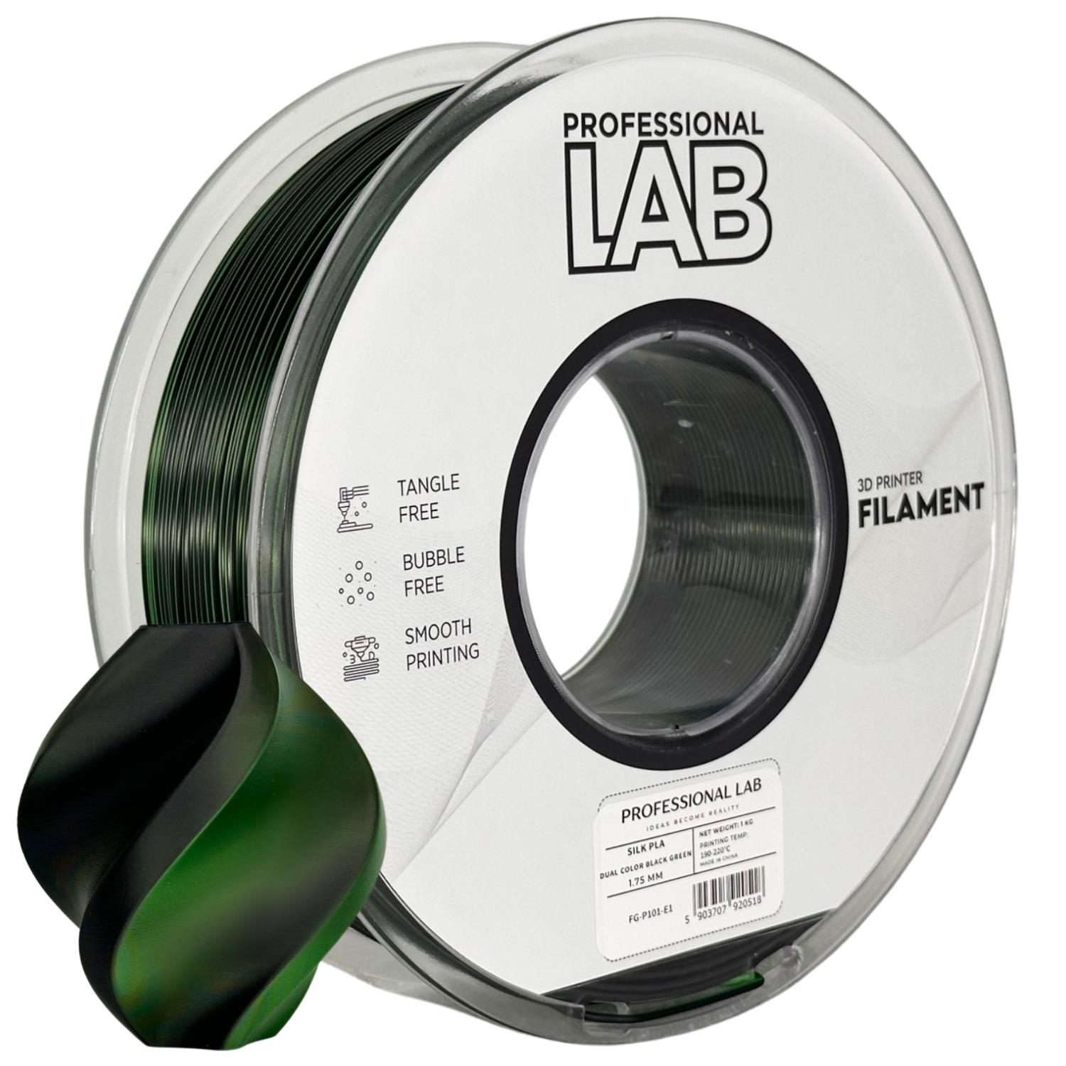 филамент за 3D принтери за принтери и печатащи устройства на 3D print Filament филамент за 3D принтери Silk PLA Dual Color black green 1кг черно зелено Silk PLA Dual Color black green, Prof. Lab. Ниски цени, прецизно изпълнение, високо качество.