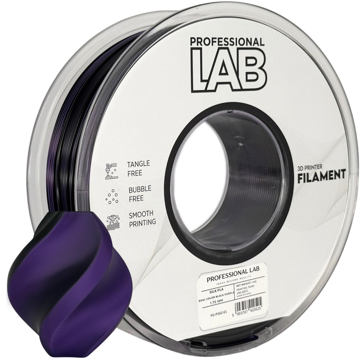 филамент за 3D принтери за принтери и печатащи устройства на 3D print Filament филамент за 3D принтери Silk PLA Dual Color black purple 1кг двуцветен: черно и лилаво Silk PLA Dual Color black purple, Prof. Lab. Ниски цени, прецизно изпълнение, високо качество.