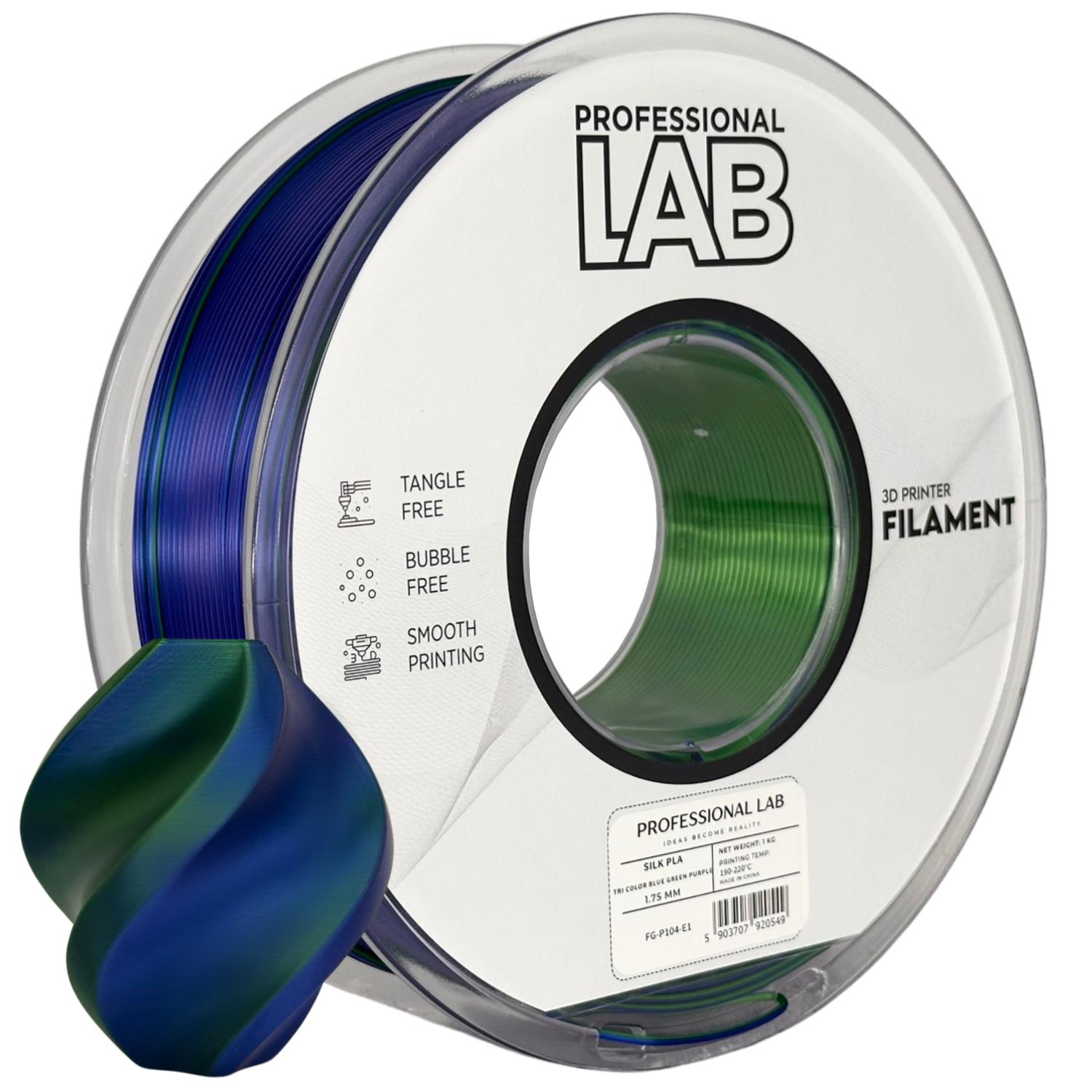 филамент за 3D принтери за принтери и печатащи устройства на 3D print Filament филамент за 3D принтери Silk PLA Tri Color blue green purple 1кг трицветен синьо, зелен, лилав Silk PLA Tri Color blue green purple, Prof. Lab. Ниски цени, прецизно изпълнение, високо качество.
