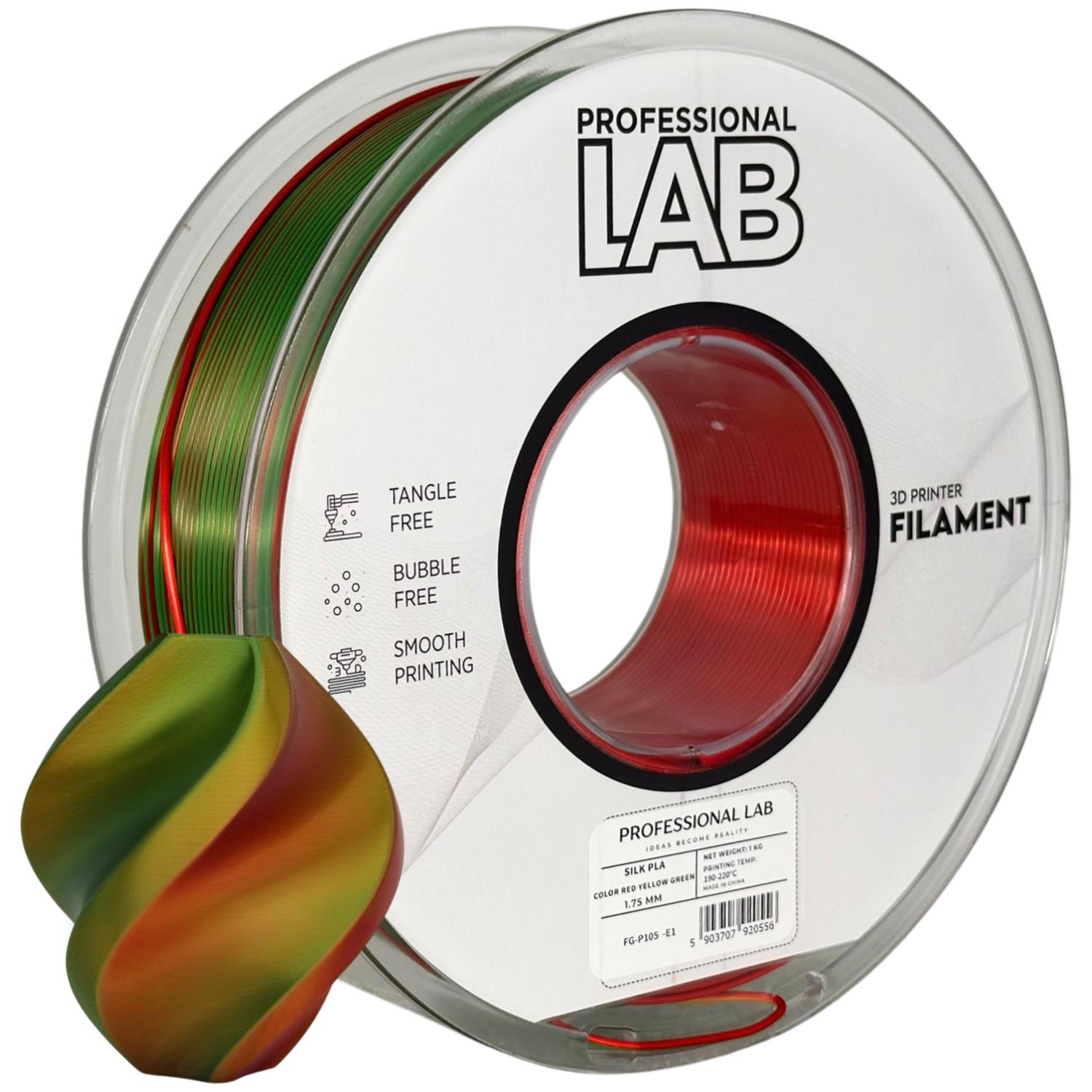 филамент за 3D принтери за принтери и печатащи устройства на 3D print Filament филамент за 3D принтери Silk PLA Tri Color red yellow green 1кг червено-зелено-жълто Silk PLA Tri Color red yellow green, Prof. Lab. Ниски цени, прецизно изпълнение, високо качество.