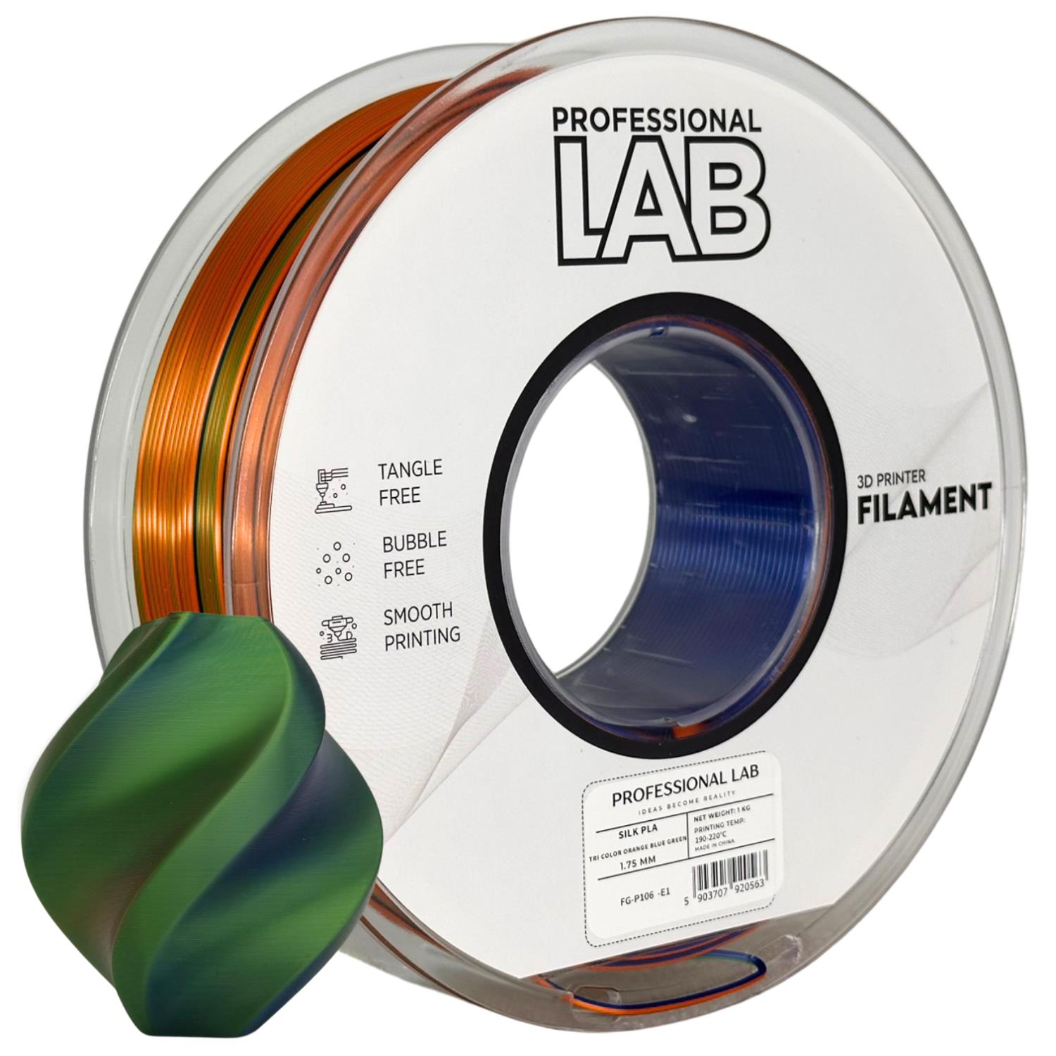 филамент за 3D принтери за принтери и печатащи устройства на 3D print Filament филамент за 3D принтери Silk PLA Tri Color orange blue green 1кг. три-цветен оранжево, синьо, зелено Silk PLA Tri Color orange blue green, Prof. Lab. Ниски цени, прецизно изпълнение, високо качество.