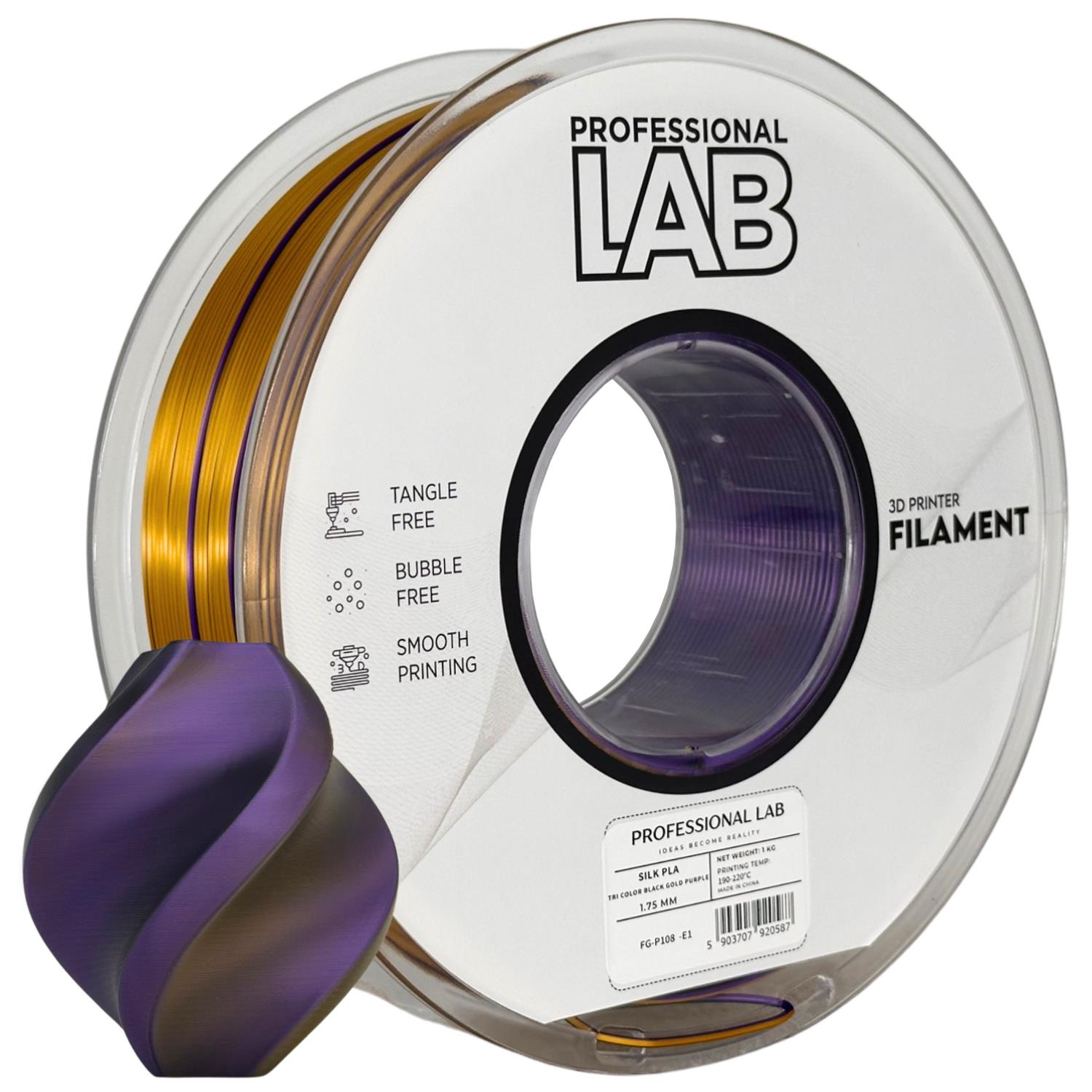 филамент за 3D принтери за принтери и печатащи устройства на 3D print Filament филамент за 3D принтери Silk PLA Tri Color black gold purple 1кг. трицветен черен златен лилав Silk PLA Tri Color black gold purple, Prof. Lab. Ниски цени, прецизно изпълнение, високо качество.