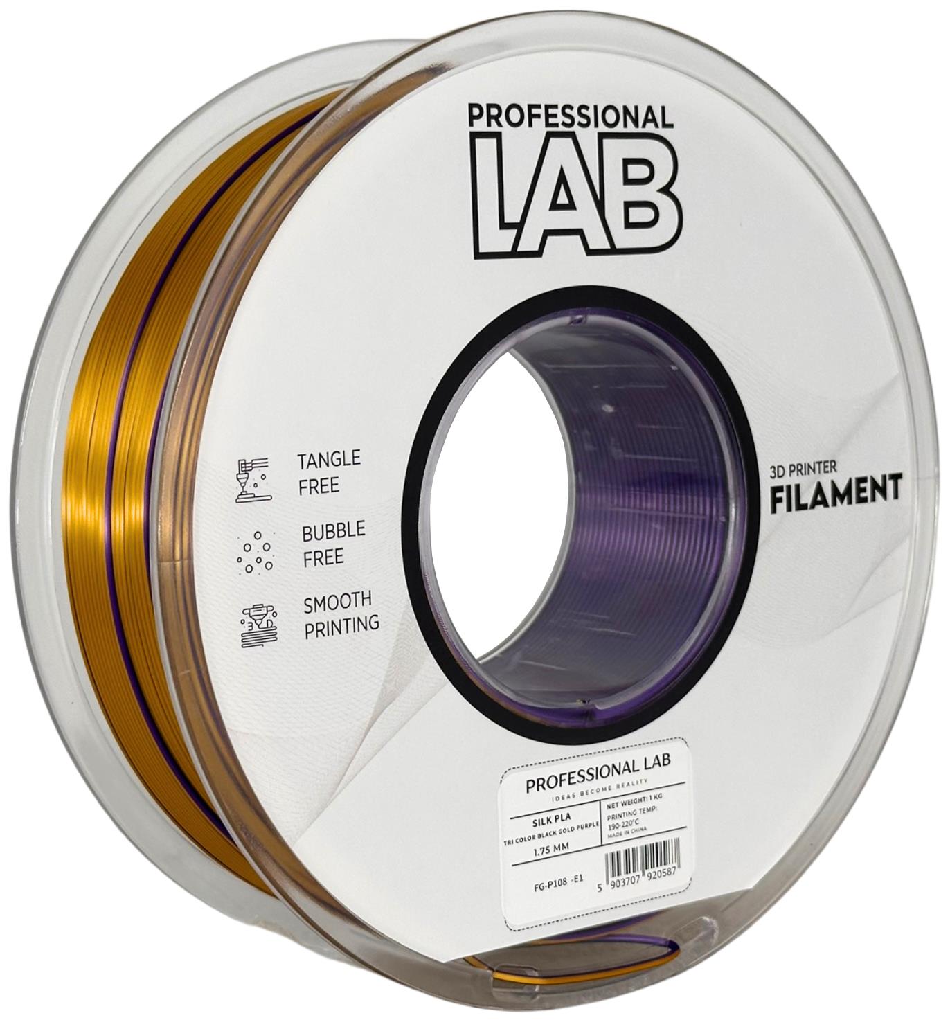 филамент за 3D принтери за принтери и печатащи устройства на 3D print Filament филамент за 3D принтери Silk PLA Tri Color black gold purple 1кг. трицветен черен златен лилав Silk PLA Tri Color black gold purple, Prof. Lab.  цнимка 2.