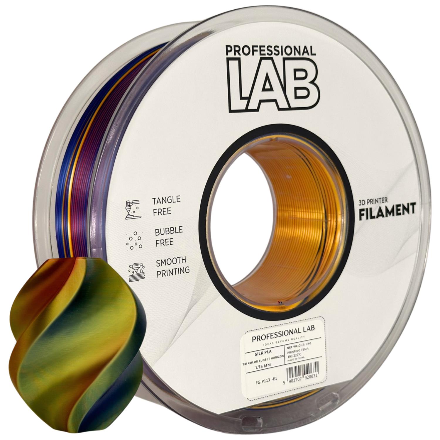 филамент за 3D принтери за принтери и печатащи устройства на 3D print Filament филамент за 3D принтери Silk PLA Tri Color Sunset Horizon 1 кг. трицветен залез Silk PLA Tri Color Sunset Horizon, Prof. Lab. Ниски цени, прецизно изпълнение, високо качество.