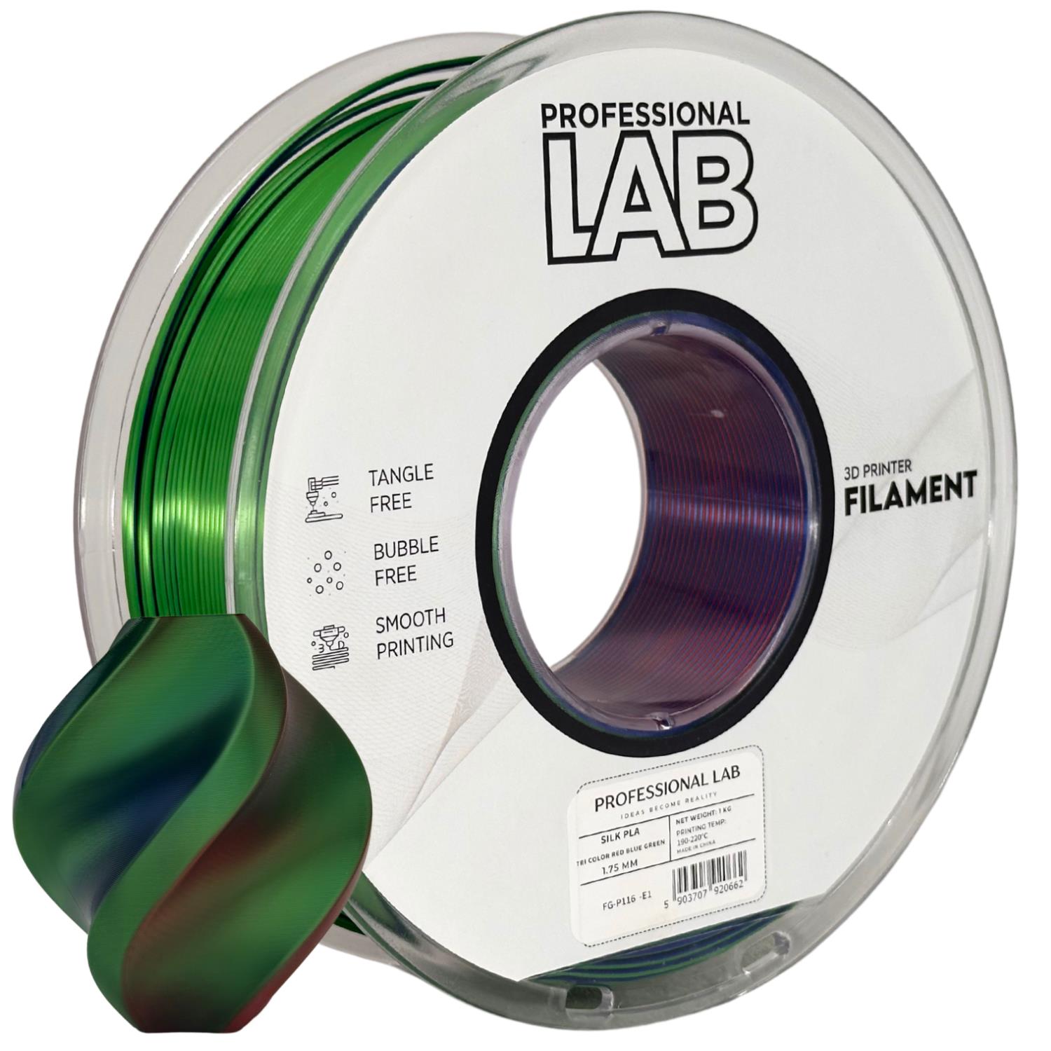 филамент за 3D принтери за принтери и печатащи устройства на 3D print Filament филамент за 3D принтери Silk PLA Tri Color red blue green 1кг. три цветен червен син зелен Silk PLA Tri Color red blue green, Prof. Lab. Ниски цени, прецизно изпълнение, високо качество.
