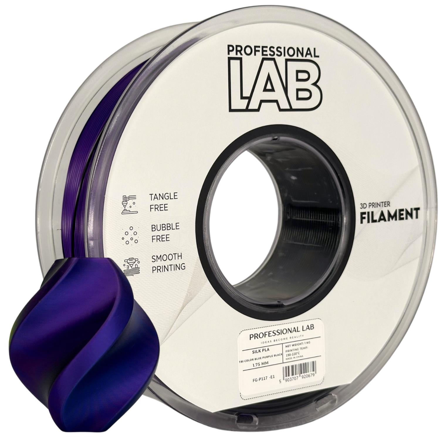 филамент за 3D принтери за принтери и печатащи устройства на 3D print Filament филамент за 3D принтери Silk PLA Tri Color blue purple black 1кг. три-цветен: синьо, лилаво, черно Silk PLA Tri Color blue purple black, Prof. Lab. Ниски цени, прецизно изпълнение, високо качество.