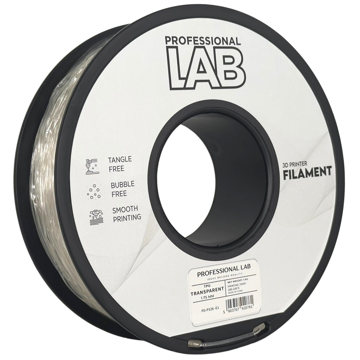 филамент за 3D принтери за принтери и печатащи устройства на 3D print Filament филамент за 3D принтери TPU transparent 1кг прозрачен TPU transparent, Prof. Lab. Ниски цени, прецизно изпълнение, високо качество.