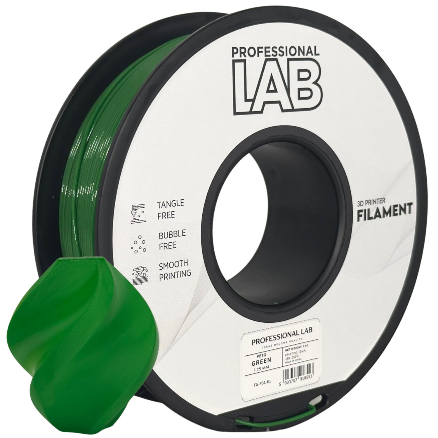 филамент за 3D принтери за принтери и печатащи устройства на 3D print Filament филамент за 3D принтери PETG green 1кг. зелен PETG green, Prof. Lab. Ниски цени, прецизно изпълнение, високо качество.