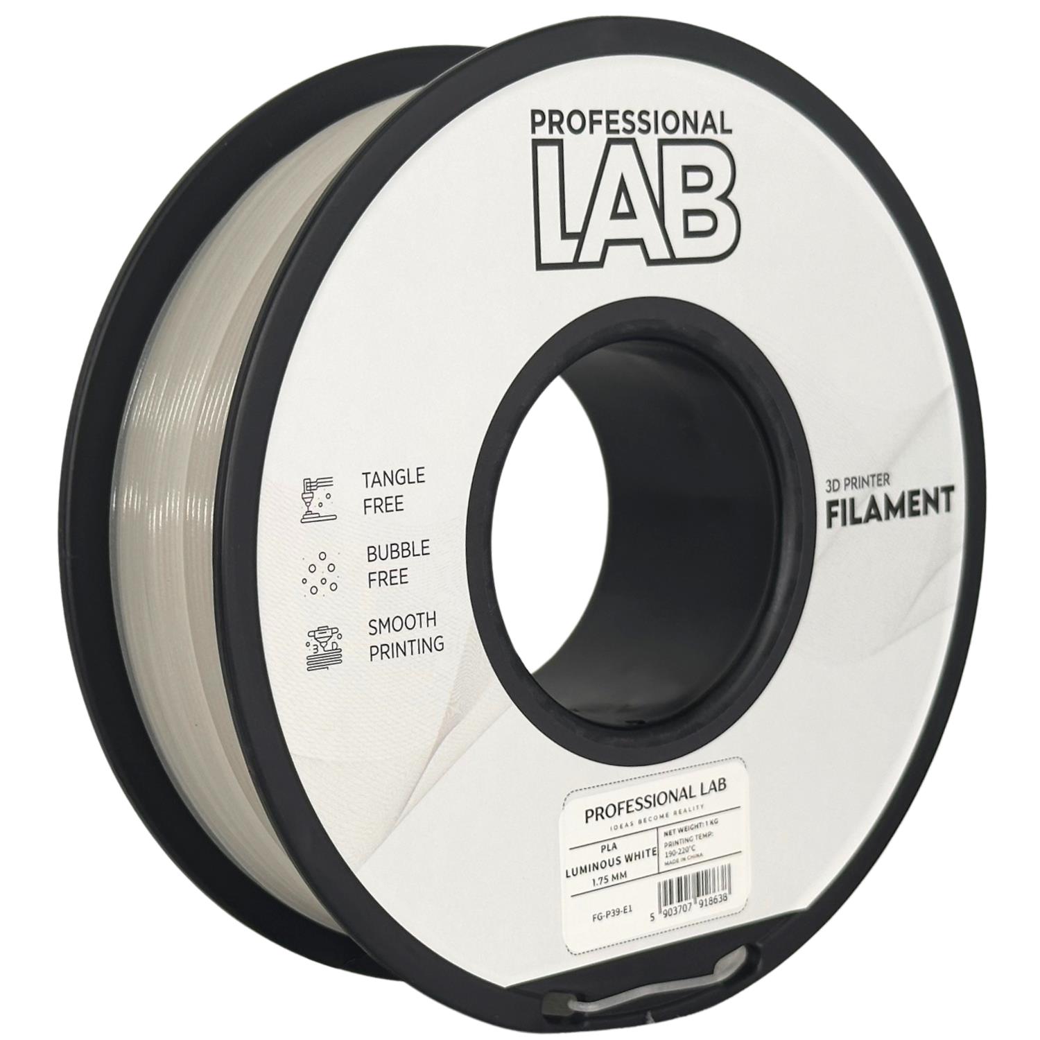 филамент за 3D принтери за принтери и печатащи устройства на 3D print Filament филамент за 3D принтери PLA luminous white 1кг. луминисцентно бяло PLA luminous white, Prof. Lab. Ниски цени, прецизно изпълнение, високо качество.