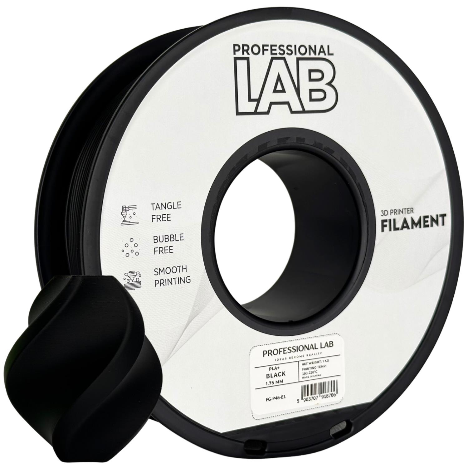 филамент за 3D принтери за принтери и печатащи устройства на 3D print Filament филамент за 3D принтери PLA+ black 1кг черен PLA+ black, Prof. Lab. Ниски цени, прецизно изпълнение, високо качество.