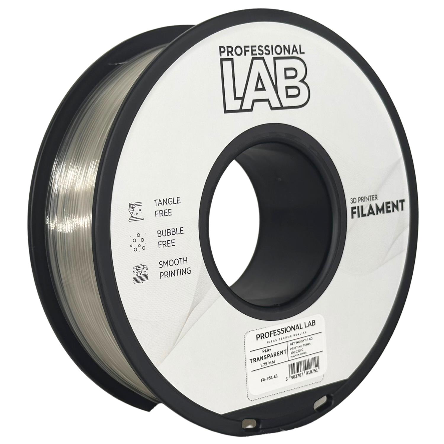 филамент за 3D принтери за принтери и печатащи устройства на 3D print Filament филамент за 3D принтери PLA+ transparent 1 кг. прозрачен PLA+ transparent, Prof. Lab. Ниски цени, прецизно изпълнение, високо качество.
