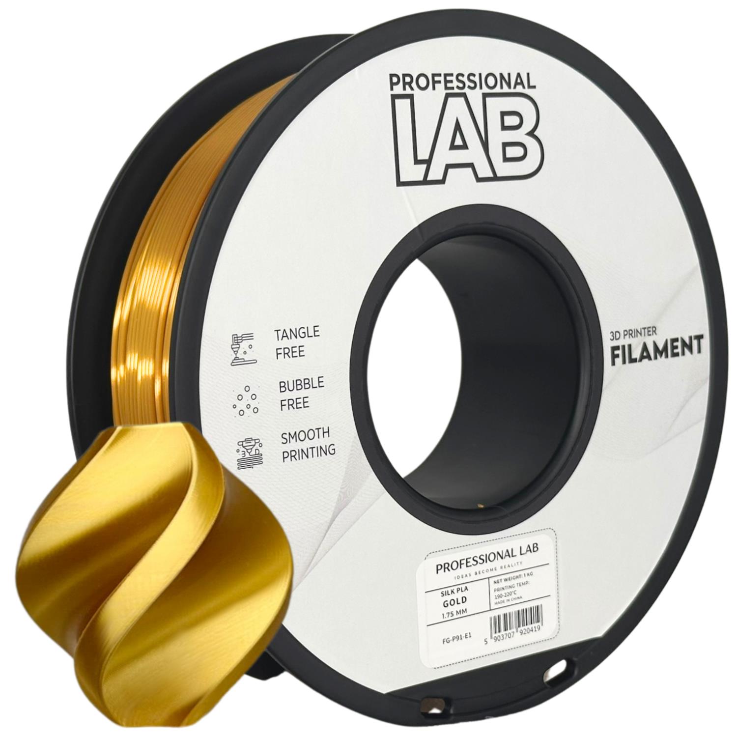 филамент за 3D принтери за принтери и печатащи устройства на 3D print Filament филамент за 3D принтери Silk PLA gold 1kg. цвят злато Silk PLA gold, Prof. Lab. Ниски цени, прецизно изпълнение, високо качество.