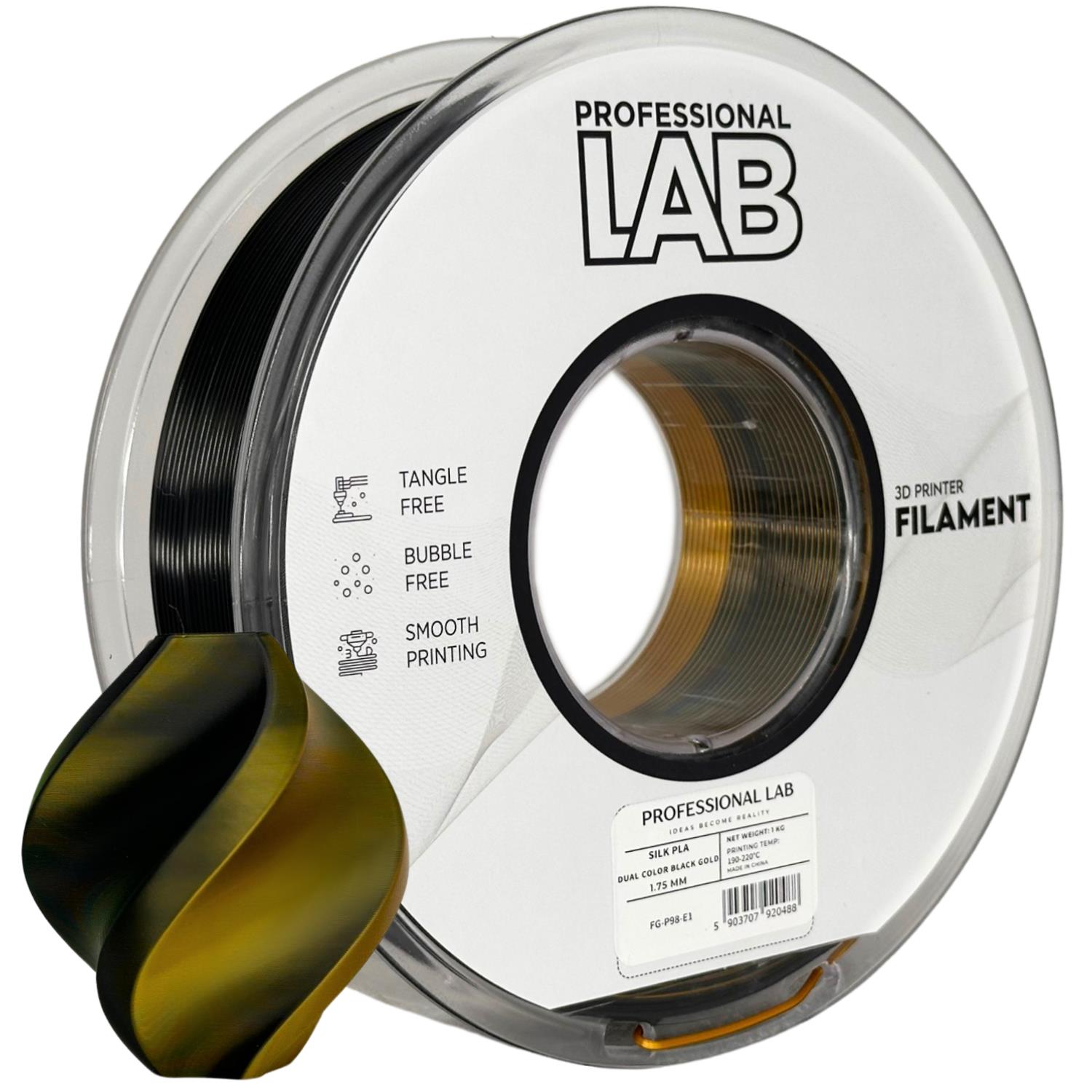 филамент за 3D принтери за принтери и печатащи устройства на 3D print Filament филамент за 3D принтери Silk PLA Dual Color black gold 1кг. двуцветен черно златен Silk PLA Dual Color black gold, Prof. Lab. Ниски цени, прецизно изпълнение, високо качество.
