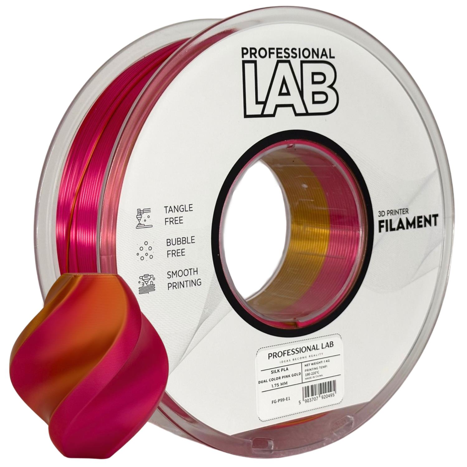 филамент за 3D принтери за принтери и печатащи устройства на 3D print Filament филамент за 3D принтери Silk PLA Dual Color pink gold 1кг. двуцветен златно розово Silk PLA Dual Color pink gold, Prof. Lab. Ниски цени, прецизно изпълнение, високо качество.