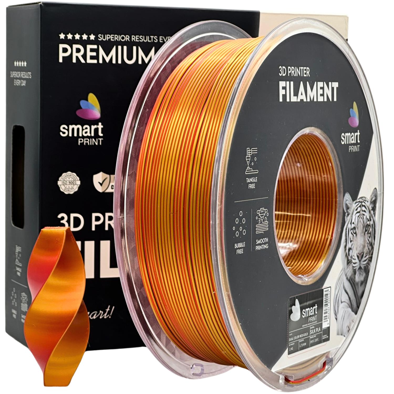 филамент за 3D принтери за принтери и печатащи устройства на 3D print Filament филамент за 3D принтери Silk PLA Dual Color red gold 1кг. дву-цветен: червен-златен Silk PLA Dual Color red gold, Smart Print. Ниски цени, прецизно изпълнение, високо качество.