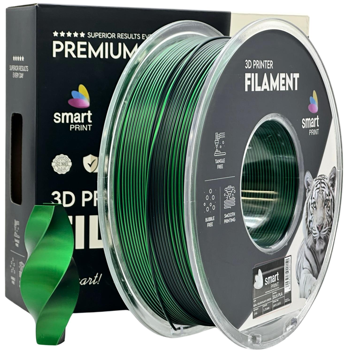 филамент за 3D принтери за принтери и печатащи устройства на 3D print Filament филамент за 3D принтери Silk PLA Dual Color black green 1 кг. черно зелено Silk PLA Dual Color black green, Smart. Ниски цени, прецизно изпълнение, високо качество.