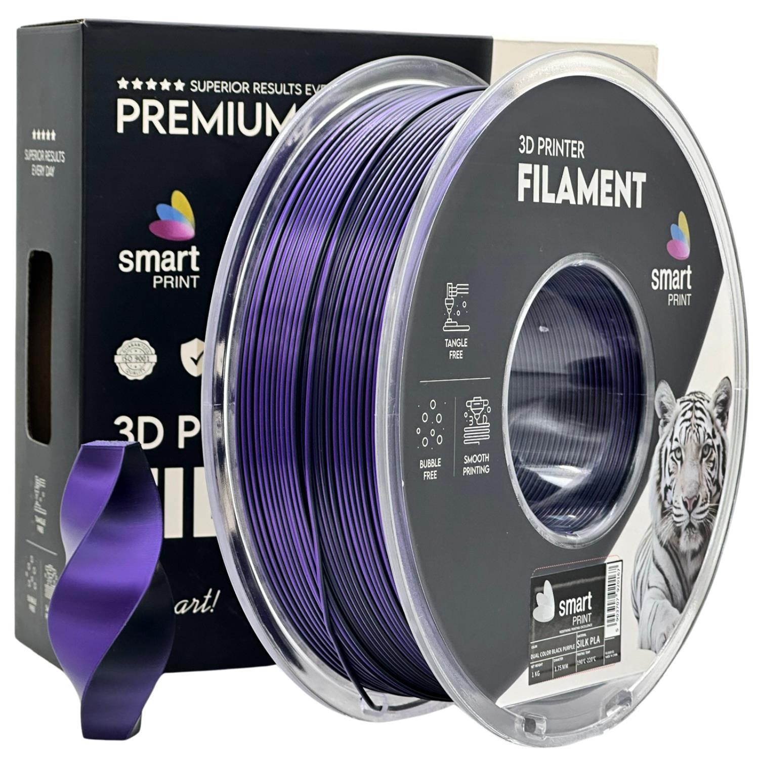 филамент за 3D принтери за принтери и печатащи устройства на 3D print Filament филамент за 3D принтери Silk PLA Dual Color black purple 1 кг. черно лилав Silk PLA Dual Color black purple, Smart. Ниски цени, прецизно изпълнение, високо качество.