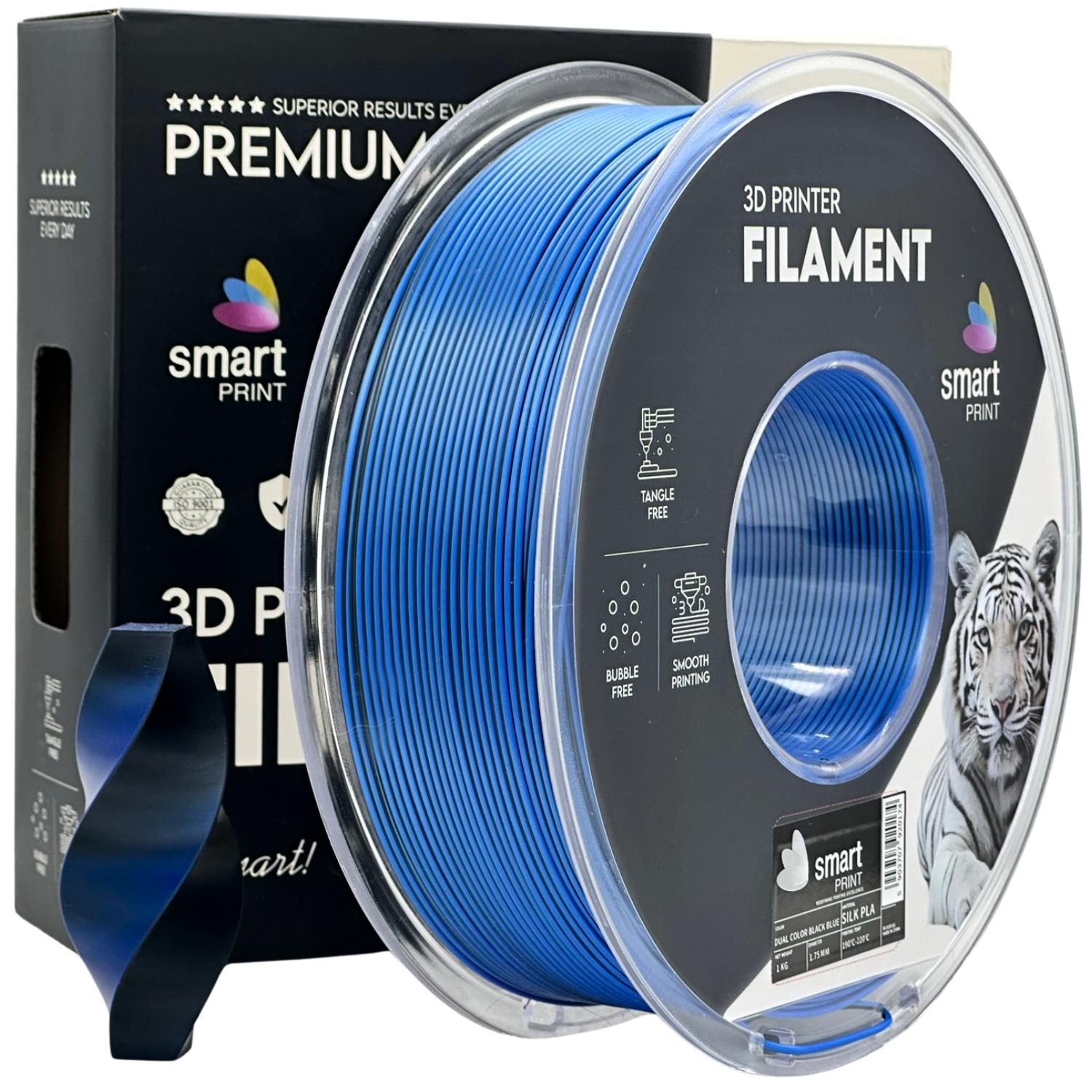 филамент за 3D принтери за принтери и печатащи устройства на 3D print Filament филамент за 3D принтери Silk PLA Dual Color black blue 1кг. двуцветен черен син Silk PLA Dual Color black blue, Smart Print. Ниски цени, прецизно изпълнение, високо качество.