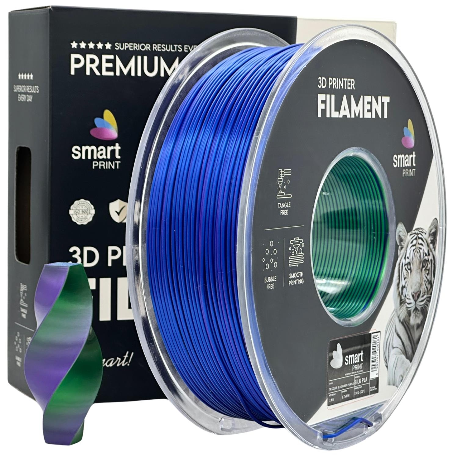 филамент за 3D принтери за принтери и печатащи устройства на 3D print Filament филамент за 3D принтери Silk PLA Tri Color blue green purple 1кг. три-цветен син, зелен, лилав Silk PLA Tri Color blue green purple, Smart Print. Ниски цени, прецизно изпълнение, високо качество.
