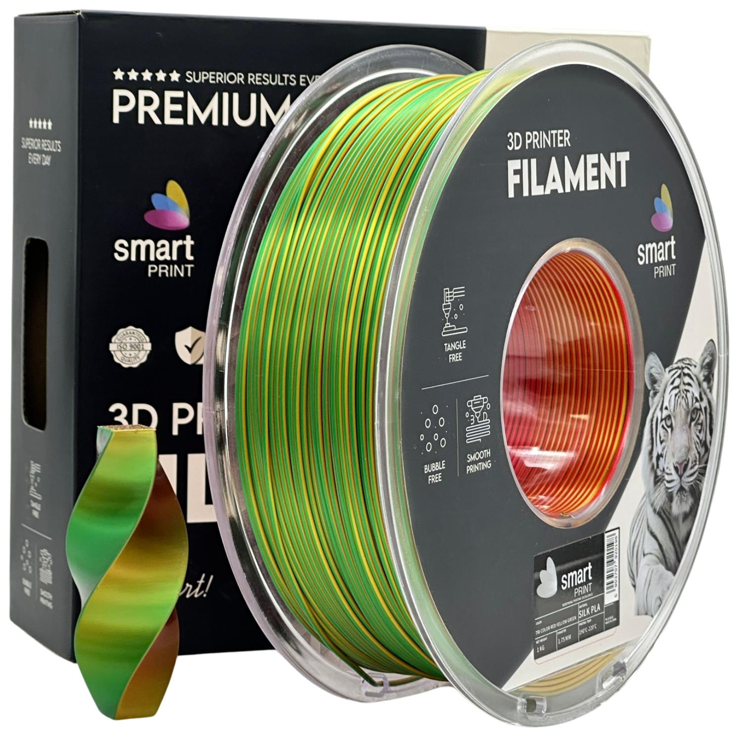 филамент за 3D принтери за принтери и печатащи устройства на 3D print Filament филамент за 3D принтери Silk PLA Tri Color red yellow green 1кг. трицветен червен, жълт, зелен Silk PLA Tri Color red yellow green, Smart Print. Ниски цени, прецизно изпълнение, високо качество.