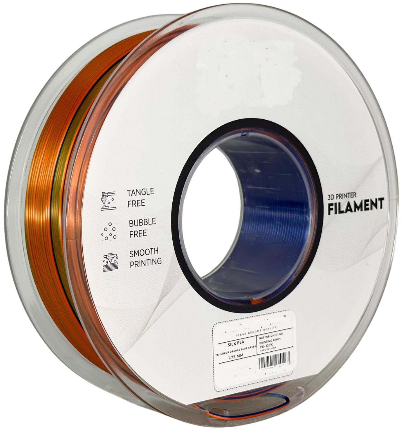 филамент за 3D принтери за принтери и печатащи устройства на 3D print Filament филамент за 3D принтери Silk PLA Tri Color orange blue green 1кг. трицветен оранжев, син, зелен Silk PLA Tri Color orange blue green, Smart Print.  цнимка 2.