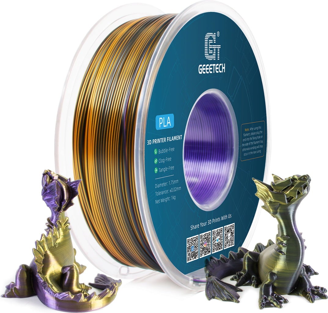филамент за 3D принтери за принтери и печатащи устройства на 3D print Filament филамент за 3D принтери Silk PLA Tri Color black gold purple 1кг трицветен: черен, златно и лилаво Silk PLA Tri Color black gold purple, Smart Print. Ниски цени, прецизно изпълнение, високо качество.