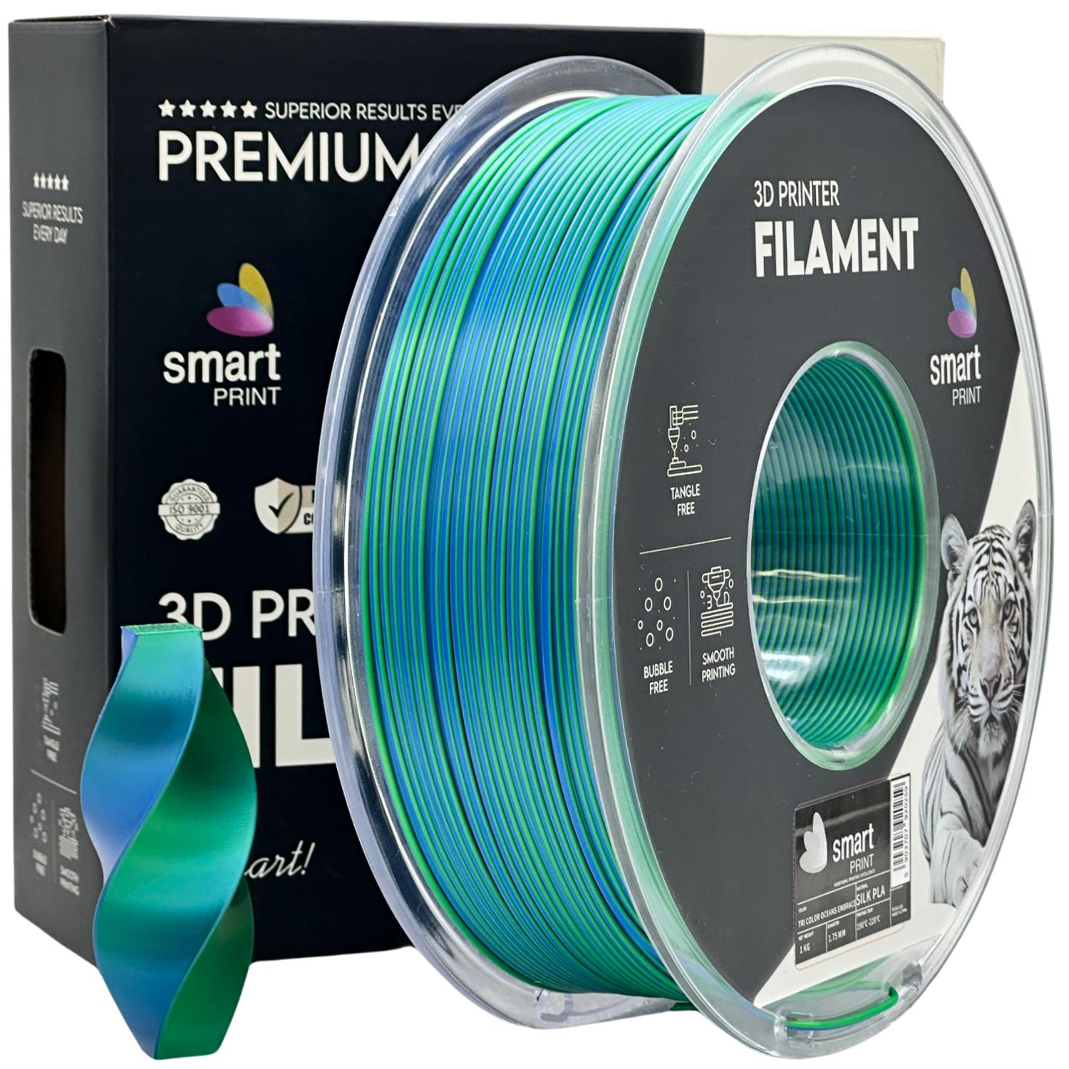 филамент за 3D принтери за принтери и печатащи устройства на 3D print Filament филамент за 3D принтери Silk PLA Tri Color Oceans Embrace 1кг. три цветен прегръдката на океана Silk PLA Tri Color Oceans Embrace, Smart. Ниски цени, прецизно изпълнение, високо качество.