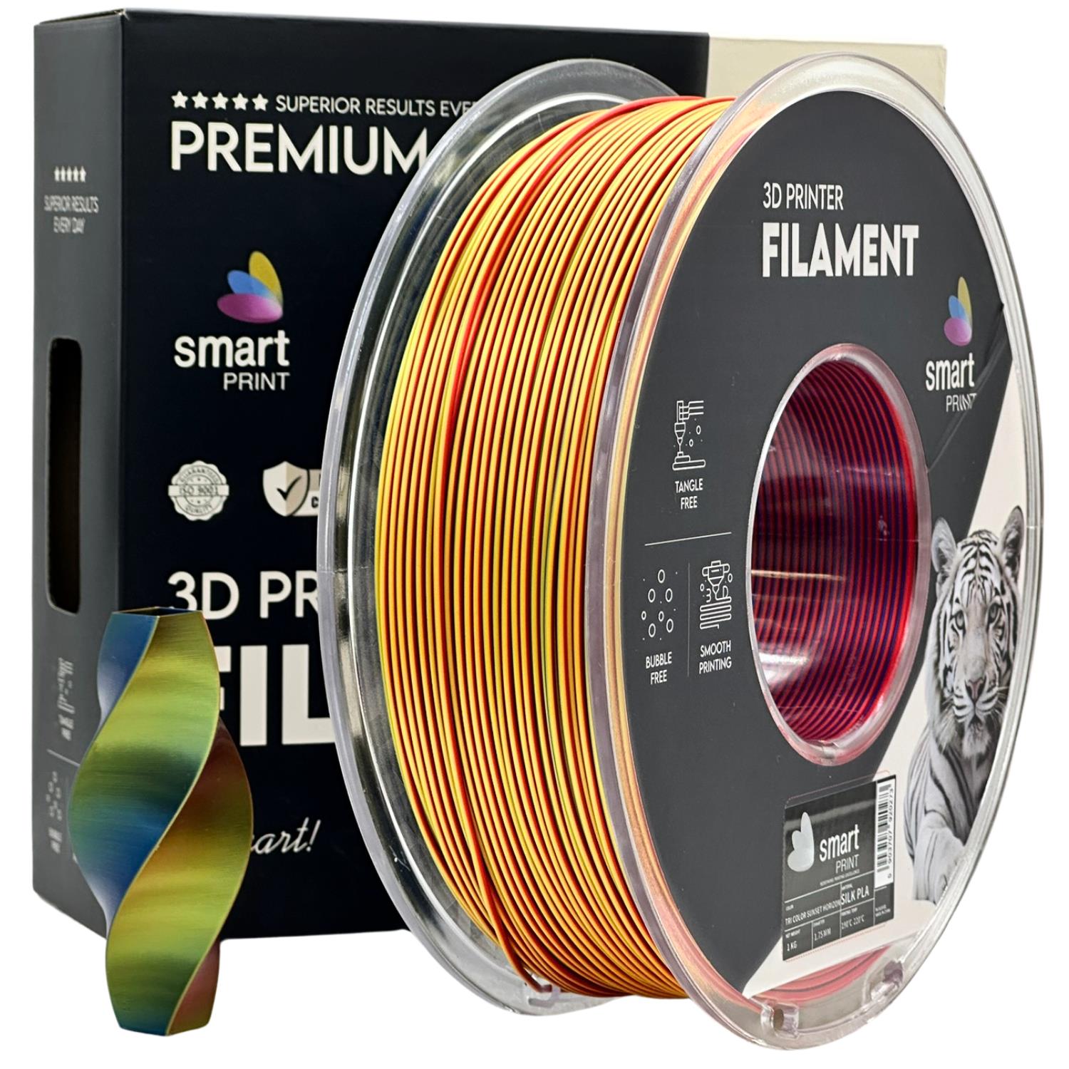 филамент за 3D принтери за принтери и печатащи устройства на 3D print Filament филамент за 3D принтери Silk PLA Tri Color Sunset Horizon 1 кг. трицветен залез Silk PLA Tri Color Sunset Horizon, Smart Print. Ниски цени, прецизно изпълнение, високо качество.