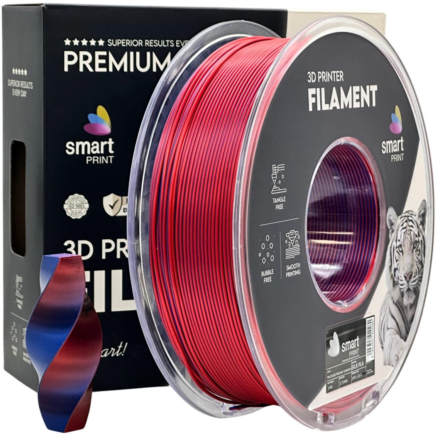 филамент за 3D принтери за принтери и печатащи устройства на 3D print Filament филамент за 3D принтери Silk PLA Tri Color Twilight Serenity 1 кг. трицветен здрач Silk PLA Tri Color Twilight Serenity, Smart. Ниски цени, прецизно изпълнение, високо качество.