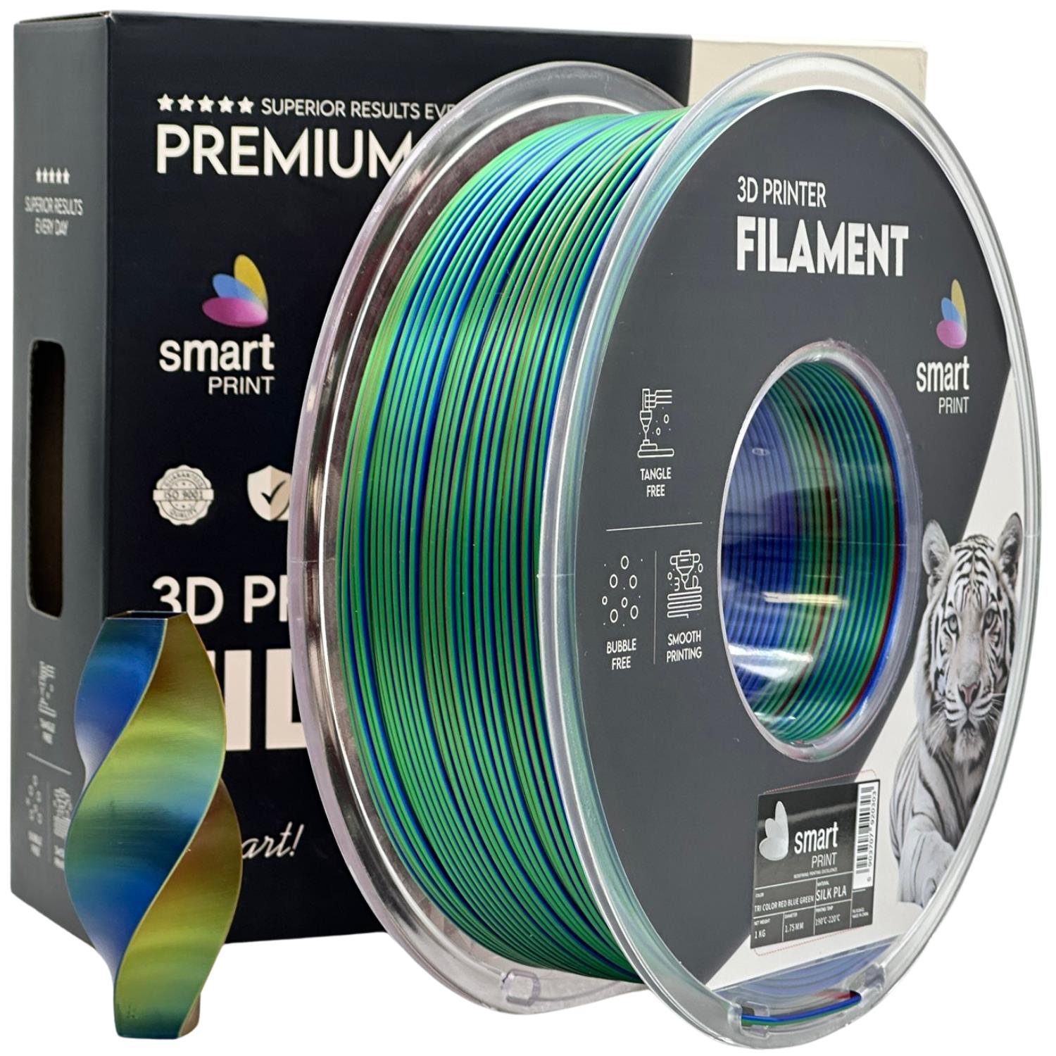 филамент за 3D принтери за принтери и печатащи устройства на 3D print Filament филамент за 3D принтери Silk PLA Tri Color red blue green 1кг. трицветен: червен, зелен, син Silk PLA Tri Color red blue green, Smart. Ниски цени, прецизно изпълнение, високо качество.