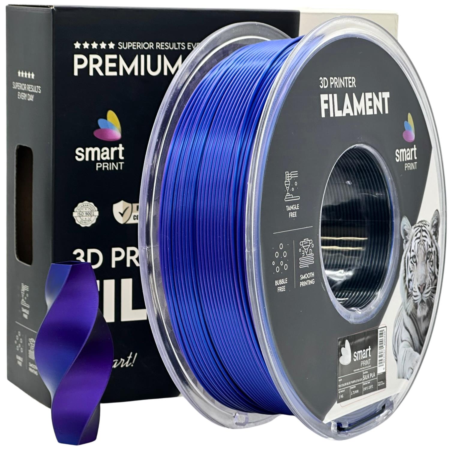 филамент за 3D принтери за принтери и печатащи устройства на 3D print Filament филамент за 3D принтери Silk PLA Tri Color blue purple black 1 кг. цветен син лилав черен Silk PLA Tri Color blue purple black, Smart. Ниски цени, прецизно изпълнение, високо качество.