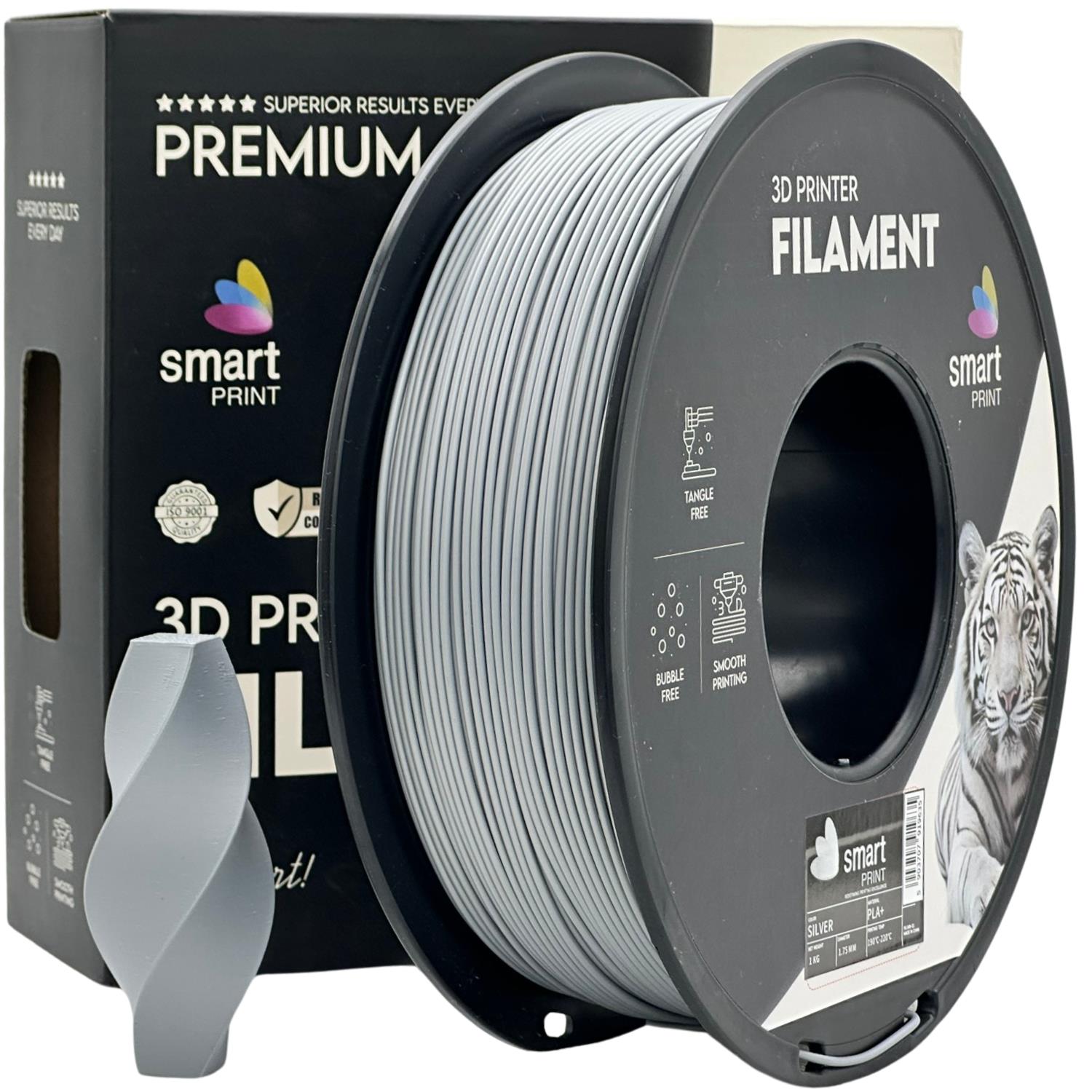 филамент за 3D принтери за принтери и печатащи устройства на 3D print Filament филамент за 3D принтери PLA+ 1кг. сребърен, silver PLA+ silver, Smart. Ниски цени, прецизно изпълнение, високо качество.