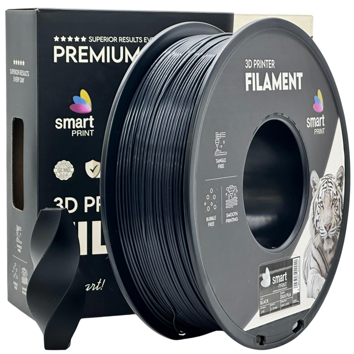 филамент за 3D принтери за принтери и печатащи устройства на 3D print Filament филамент за 3D принтери Silk PLA black 1 кг. черен Silk PLA black, Smart. Ниски цени, прецизно изпълнение, високо качество.