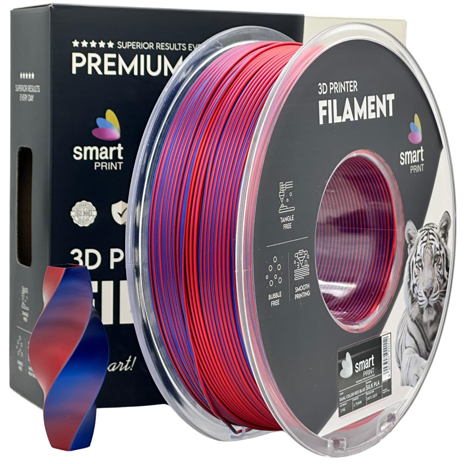 филамент за 3D принтери за принтери и печатащи устройства на 3D print Filament филамент за 3D принтери Silk PLA Dual Color red blue 1 кг. червен - син Silk PLA Dual Color red blue, Smart. Ниски цени, прецизно изпълнение, високо качество.